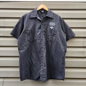 Harley Davidson Museum Motorcycle Skull Graphics Button Up Polo Shirt Gray Mens